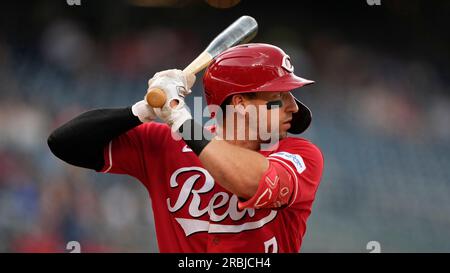 Cincinnati Reds first baseman Spencer Steer (7) leaves the dugout during a  baseball game against the Washington Nationals Friday, Aug. 4, 2023, in  Cincinnati. (AP Photo/Jeff Dean Stock Photo - Alamy