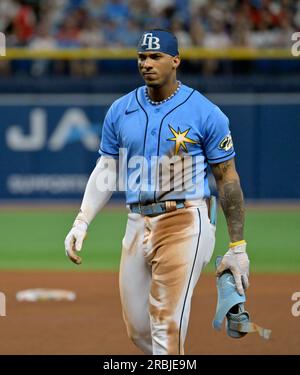 St. Petersburg, FL. USA; Tampa Bay Rays shortstop Wander Franco (5) showing  off his brightly colored retro Devil Rays socks and how they match his Un  Stock Photo - Alamy