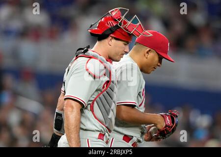 Philadelphia Phillies starting pitcher Ranger Suarez, left, walks with  catcher J.T. Realmuto, center, before a baseball game against the Miami  Marlins, Saturday, July 8, 2023, in Miami. (AP Photo/Lynne Sladky Stock  Photo 