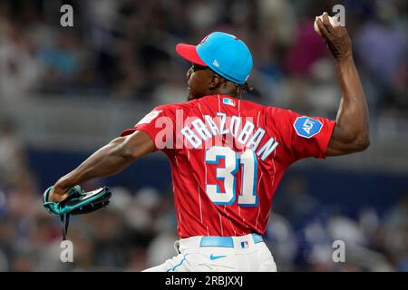 Miami Marlins relief pitcher Huascar Brazoban throws a pitch in the News  Photo - Getty Images