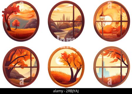 ui set vector illustration of autumn forest view from window isolate on white background Stock Vector