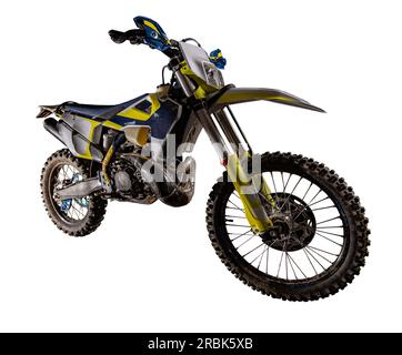 Stylish blue and yellow cross motorcycle on white background Stock Photo