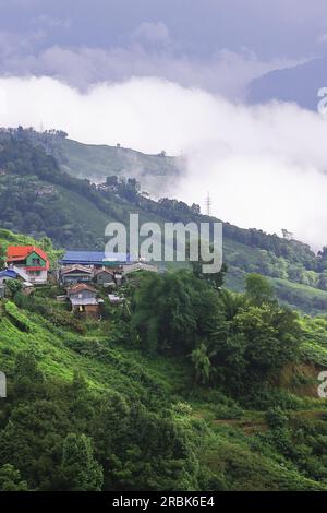 monsoon clouds floating over lush green mountain valley. scenic view of himalayan foothills near darjeeling hill station in west bengal, india Stock Photo