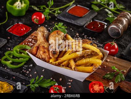 Grilled chicken legs with potato chips, still life Stock Photo