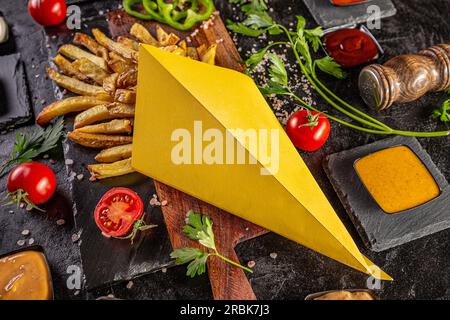 Still life of French fries in a paper wrapper Stock Photo