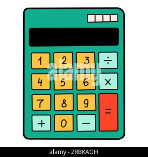 School calculator cartoon in doodle retro style. Back to school stationery element bold bright. Classic supplies for children education or office work Stock Vector
