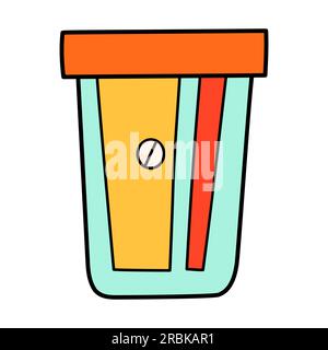 School sharpener cartoon in doodle retro style. Back to school stationery element bold bright. Classic supplies for children education or office work Stock Vector