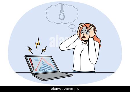 Businesswoman distressed with stock market crisis and fall. Stressed woman CEO panic with financial problems looking at computer screen. Vector illustration. Stock Vector