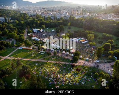 Drone view of a large group of people in the park at  A to jazz music festival Stock Photo