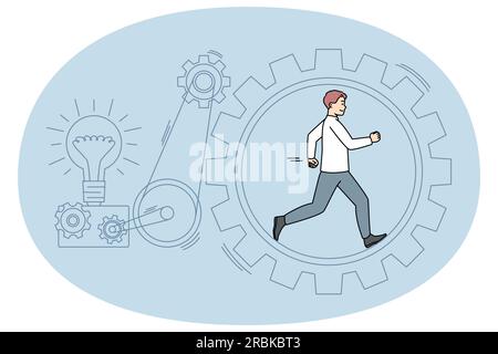 Businessman running in cogwheel generating creative business ideas. Man walk hurry in gear producing project startup or innovation. Motivation and hard work. Vector illustration. Stock Vector