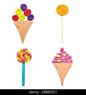 Set with different colorful plasticine ice creams and lollipops on white background, top view Stock Photo