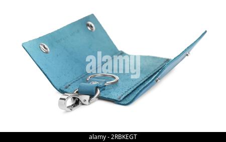 Stylish leather key holder isolated on white Stock Photo