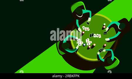 Group of people play poker at a round table in a dark room. Concept of casino and card games. Vector illustration Stock Vector