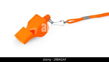 One orange whistle with cord isolated on white Stock Photo