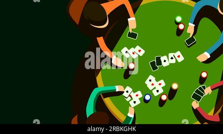 Group of people play poker at a round table in a dark room. Concept of casino and card games. Vector illustration Stock Vector