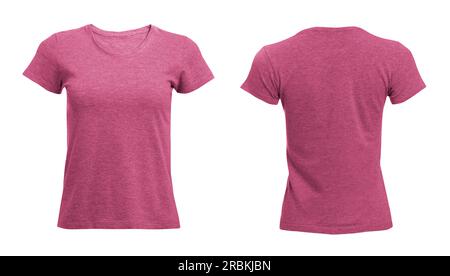 Front and back views of pink women's t-shirt on white background. Mockup for design Stock Photo