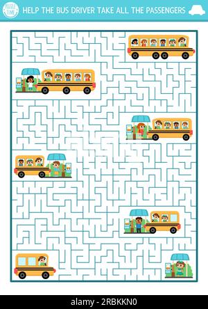 Transportation maze for kids with school bus and pupils waiting on stops. Urban transport preschool printable activity. Back to school labyrinth game Stock Vector