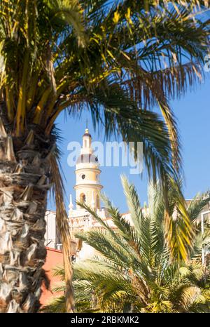 st michael basilica campanile in Menton city, framed with palm trees Stock Photo