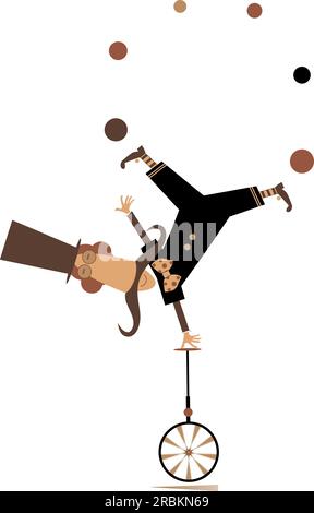 Funny man in the top hat balances on the unicycle.  Cartoon in the top hat balances legs up on unicycle and juggles the balls. Isolated on white Stock Vector