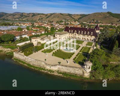 Aerial view of the Château d'Ampuis along the Rhone River, Ampuis, Isere, Auvergne-Rhône-Alpes, France, Europe Stock Photo