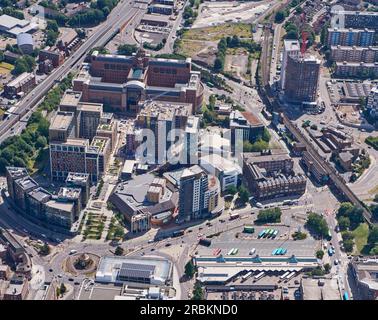 An aerial photograph of new developments at Quarry Hill, East Leeds City Centre, West Yorkshire, northern England, UK Stock Photo