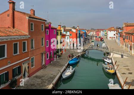 Aerial view of a canal in Burano with colorful houses, Burano, Venice, Italy, Europe Stock Photo