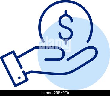 Coin with dollar sign in hand. Cash payment, earnings and investment tools. Pixel perfect icon Stock Vector