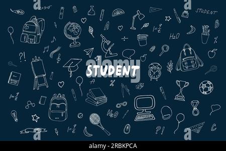 Set for students and schoolchildren. Back to school concept with objects. Student doodle, learning, lessons, learning time, toolbox. Stock Vector