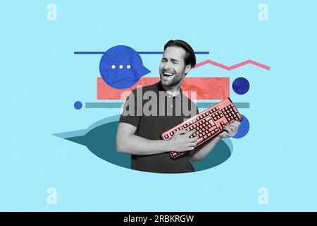 Geek programmer collage illustration of young student guy learn code enjoy his job singing play guitar keyboard isolated on blue background Stock Photo