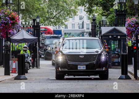 Downing Street, London, UK. 10th July 2023.  'The Beast' carrying the President of the United States of America, Joe Biden, arriving in Downing Street, London, UK. Photo by Amanda Rose/Alamy Live News Stock Photo