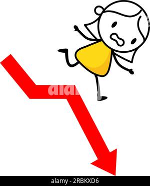 Failed woman falling down from red chart arrow. Business failure, economic recession, investment loss, crisis or crash, investing risk concept. Vector Stock Vector