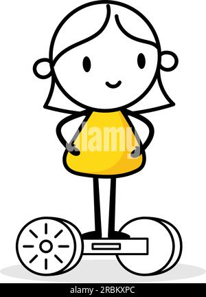 Woman character on hoverboard isolated on white background. Hand drawn doodle line art man. Vector stock illustration. Stock Vector