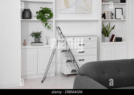 Metal ladder, chest of drawers and houseplants in living room Stock Photo