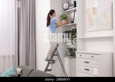 Woman on ladder with houseplant near shelves at home Stock Photo