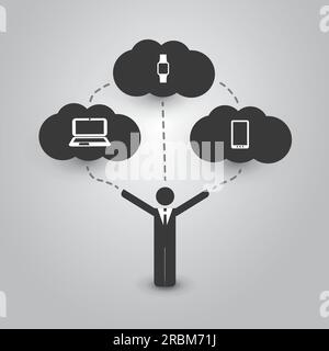 Cloud Computing Concept with Different Devices: Laptop, Tablet PC, Smart Phone, Smart Watch Stock Vector