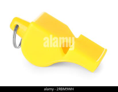 One yellow plastic whistle isolated on white Stock Photo