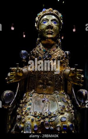 France, Aveyron (12), Conques, labeled Most Beautiful Villages of France, stage on the Way of Compostela, reliquary treasure of Sainte-Foy, The Majest Stock Photo