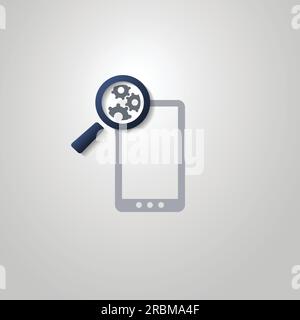 Analysis or Bugfix Symbol Concept with Magnifying Glass Icon with Gears and Smart Phone Stock Vector