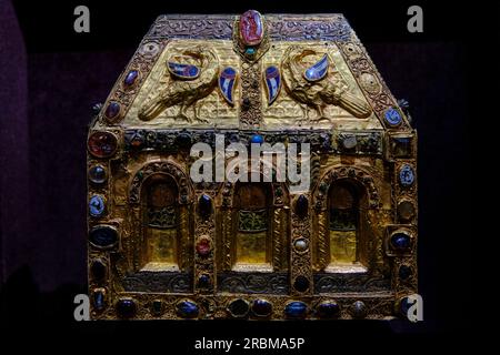 France, Aveyron (12), Conques, labeled Most Beautiful Villages of France, stage on the Camino de Compostela, the Treasury Stock Photo