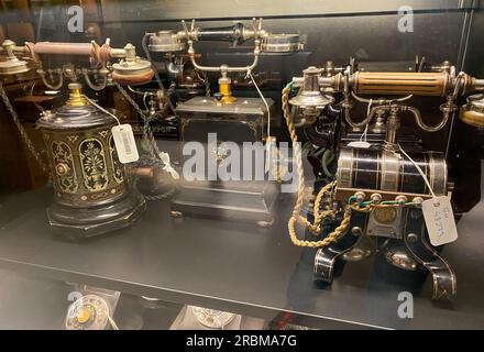 Stockholm, Sweden - June 11, 2023. Vintage old rotary telephones. Classical wired telephone. Stock Photo