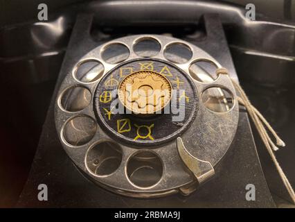 Stockholm, Sweden - June 11, 2023. Vintage old rotary telephone. Classical wired telephone. Stock Photo