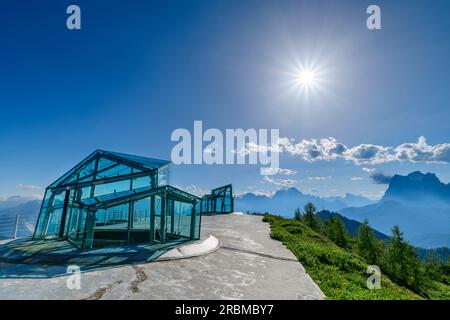 Glass constructions of the Messner Mountain Museum on Monte Rite, Monte Pelmo in the background, Monte Rite, Dolomites, Veneto, Venetia, Italy Stock Photo