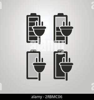 Black and White Battery Icon Set with Plugs Stock Vector