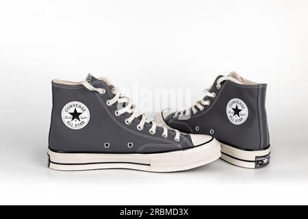 BANGKOK, THAILAND - July 10, 2023 : Close-up gray Converse Chuck 70 Vintage Canvas isolated on White Background. High-top shoe with premium canvas upp Stock Photo