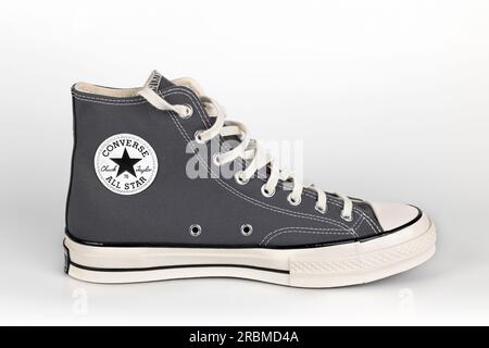 BANGKOK, THAILAND - July 10, 2023 : Close-up gray Converse Chuck 70 Vintage Canvas isolated on White Background. High-top shoe with premium canvas upp Stock Photo