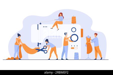 Tiny tailors creating outfit and apparel on sewing machine Stock Vector
