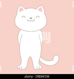 Cartoon white cat posing on pastel pink background. Cute childish style. Vector illustration Stock Vector