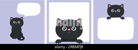 Cute black kitten set in frame with copy space. Black cat holding empty paper. Cat with a speech bubble. Kawaii cartoon character with whiskers and pa Stock Vector