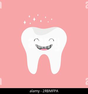 Healthy and happy tooth. Cute smiling tooth icon in cartoon childish style with shining effect. Vector illustration Stock Vector