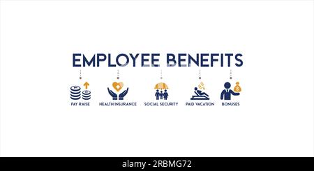 Employee Benefits Icon Concept on white background vector illustration with pay raise, health insurance, social security, paid vacations and bonuses Stock Vector